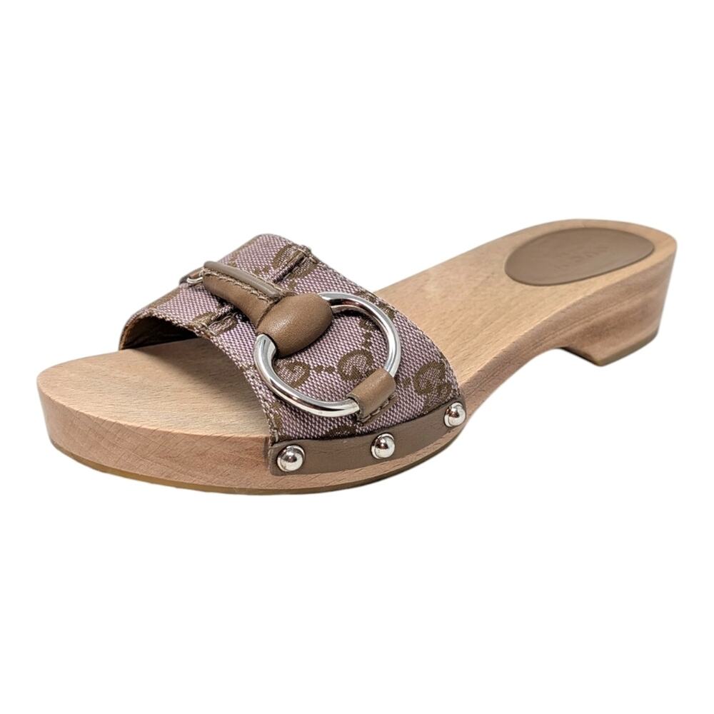 Vintage Gucci Horsebit Wood Clog Slide Flat Sandal GG Monogram Beige Pink 36.5